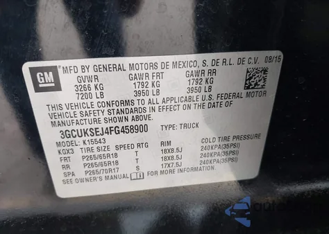 2015 Chevrolet Silverado 1500 2Lz из США, поврежденный, VIN 3GCUKSEJ4FG458900